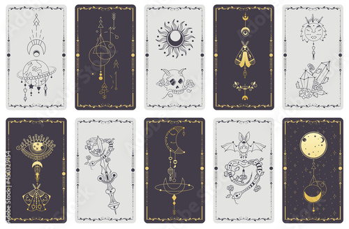 A set of alchemical esoteric mystical magic templates for tarot cards, banners, leaflets, posters,brochures, stickers. Esoteric linear engravings with astrological symbols. Cards with esoteric symbols photo