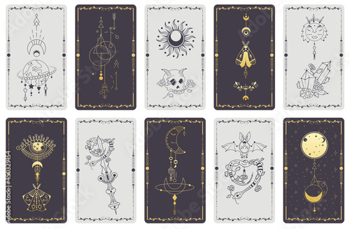 A set of alchemical esoteric mystical magic templates for tarot cards, banners, leaflets, posters,brochures, stickers. Esoteric linear engravings with astrological symbols. Cards with esoteric symbols