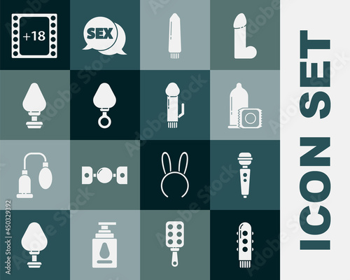Set Dildo vibrator, Condom, Anal plug, Play Video with 18 plus content and icon. Vector