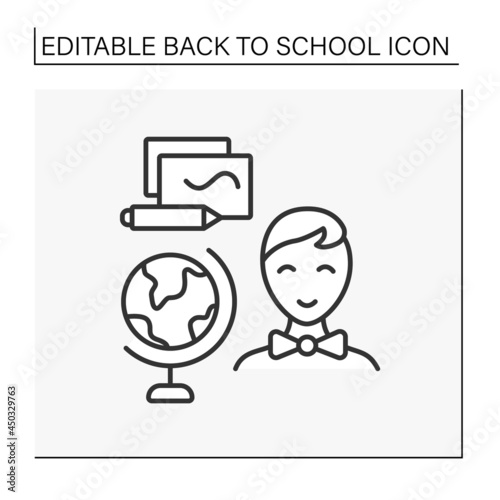 Geography line icon. Schoolboy learns geography. Globe and notebook. Education concept. Isolated vector illustration. Editable stroke