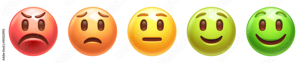 Emotional scale emoticons. Different mood emoji for satisfaction rating 3D stylized vector icons