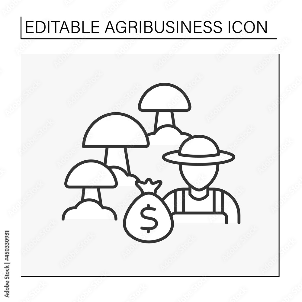 Mushroom farming line icon. Agronomists raising different mushrooms for market sale. Profitable business. Agribusiness concept. Isolated vector illustration. Editable stroke