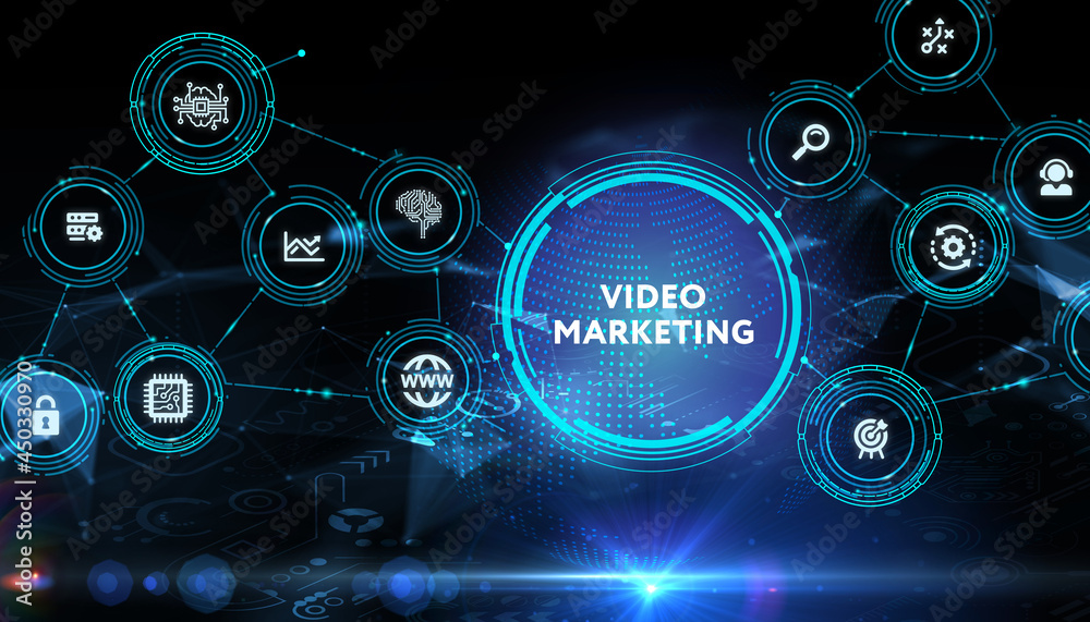 Fototapeta premium Video marketing and advertising concept on screen. Business, Technology, Internet and network concept.