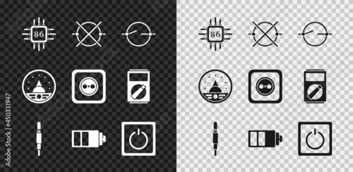 Set Processor with microcircuits CPU, Electric scheme, Audio jack, Battery charge level indicator, light switch, Ampere meter, multimeter, voltmeter and Electrical outlet icon. Vector