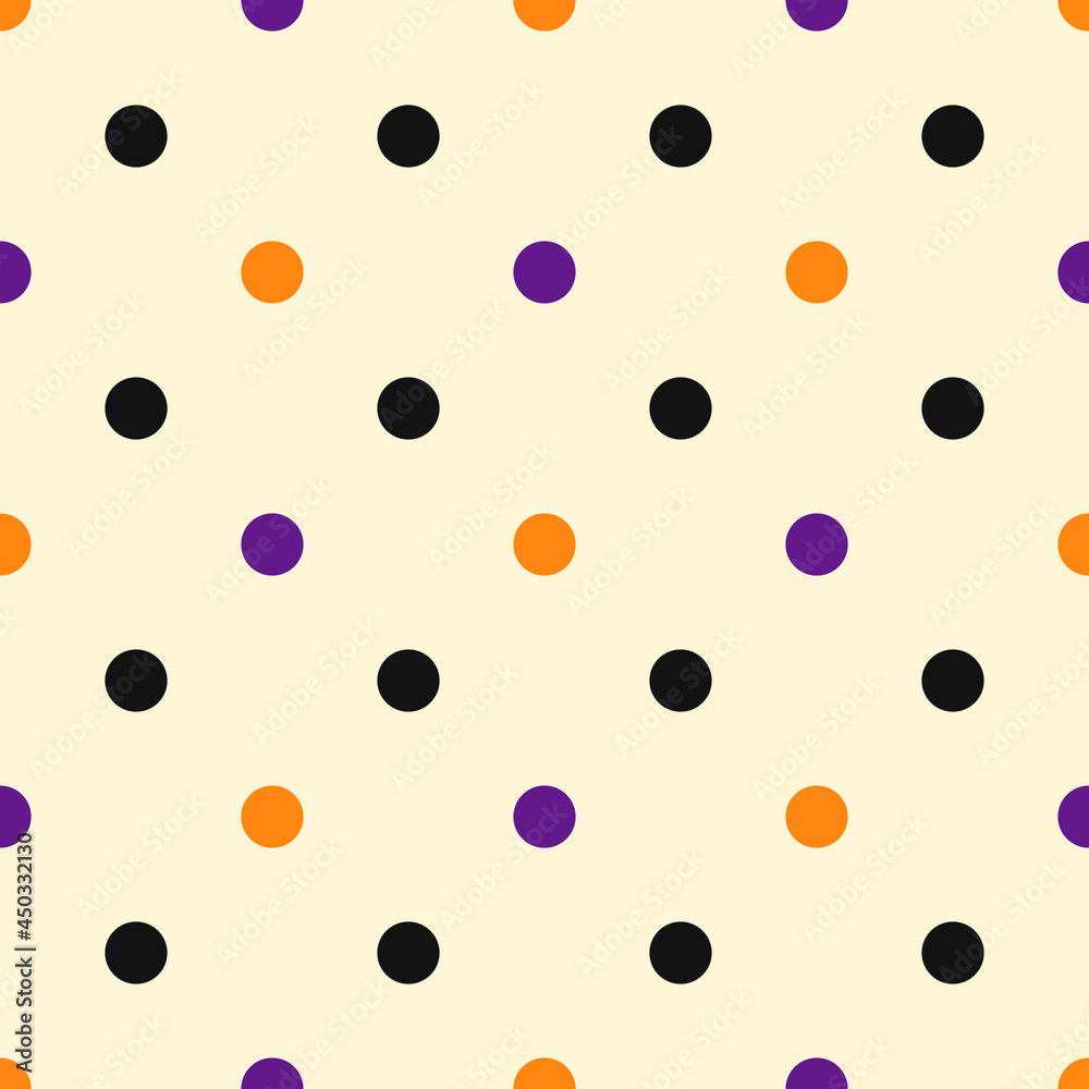 Halloween polka dot geometric seamless pattern. Halloween celebration, orange, purple, black colors. Perfect for fabric, textile, cover, print, background. Vector graphics. Halloween polka dot geometric seamless pattern. Halloween celebration, orange, purple, black colors. Perfect for fabric, textile, cover, print, background. Vector graphics.