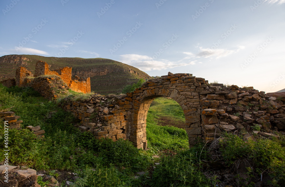 The abandoned village of Amuzgi in Dagestan at dawn