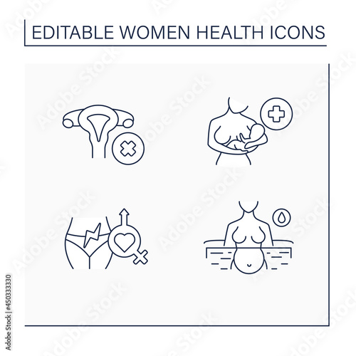 Women health line icons set. Gynecology. Reproductive system diseases. Waterbirth, sexual pain, lactation infertility. Healthcare concept. Isolated vector illustrations.Editable stroke