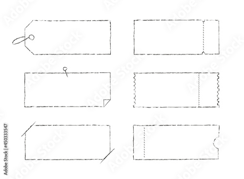 タグ、札、チケット、見出し、ポイント、ラベルのフレームイラストセット（線、モノクロ、手描き風）