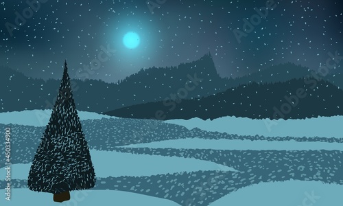 Winter snowy night outdoor, distant forest, lonely fir tree, bright shining Moon.