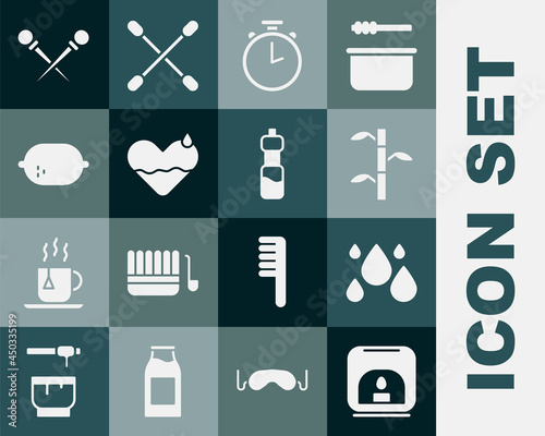Set Aroma lamp, Water drop, Bamboo stems with leaves, Stopwatch, Heart heal, Lemon, Knitting needles and Bottle of water icon. Vector