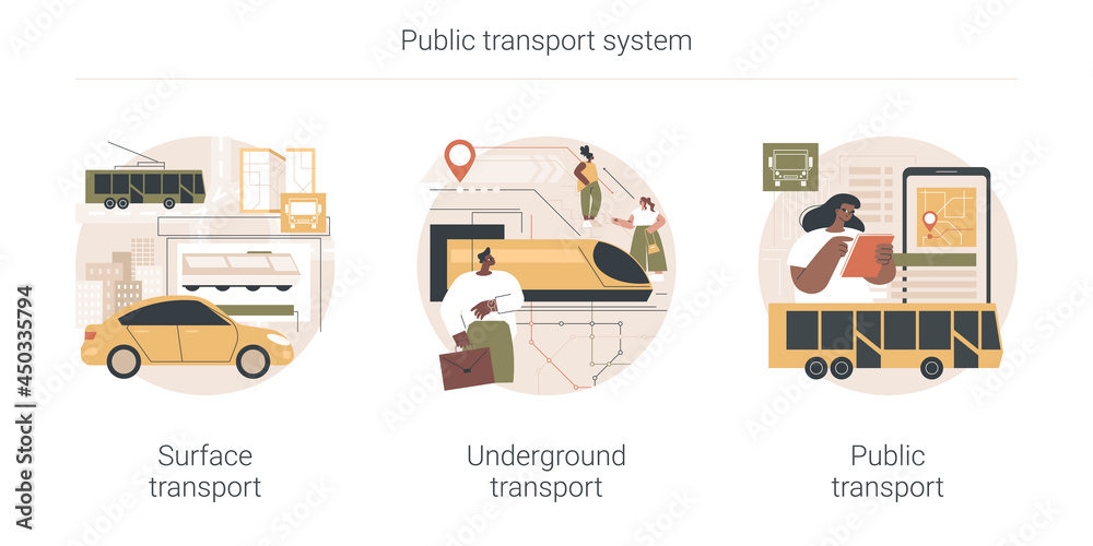 Public transport system abstract concept vector illustration set. Surface transport, underground public urban transportation, buy ticket, subway train station, bus stop, passenger abstract metaphor. Public transport system abstract concept vector illustration set. Surface transport, underground public urban transportation, buy ticket, subway train station, bus stop, passenger abstract metaphor.