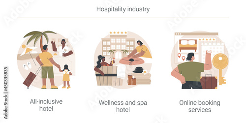 Hospitality industry abstract concept vector illustration set. All-inclusive hotel, wellness and spa online booking, travel agency, check in, room service, family vacation abstract metaphor.