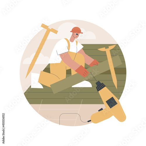 Roofing services abstract concept vector illustration. Roof repair, peak roofing contractors, house maintenance, leak inspection, new roof installation, storm damage, slope abstract metaphor.