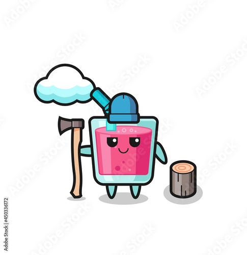 Character cartoon of strawberry juice as a woodcutter