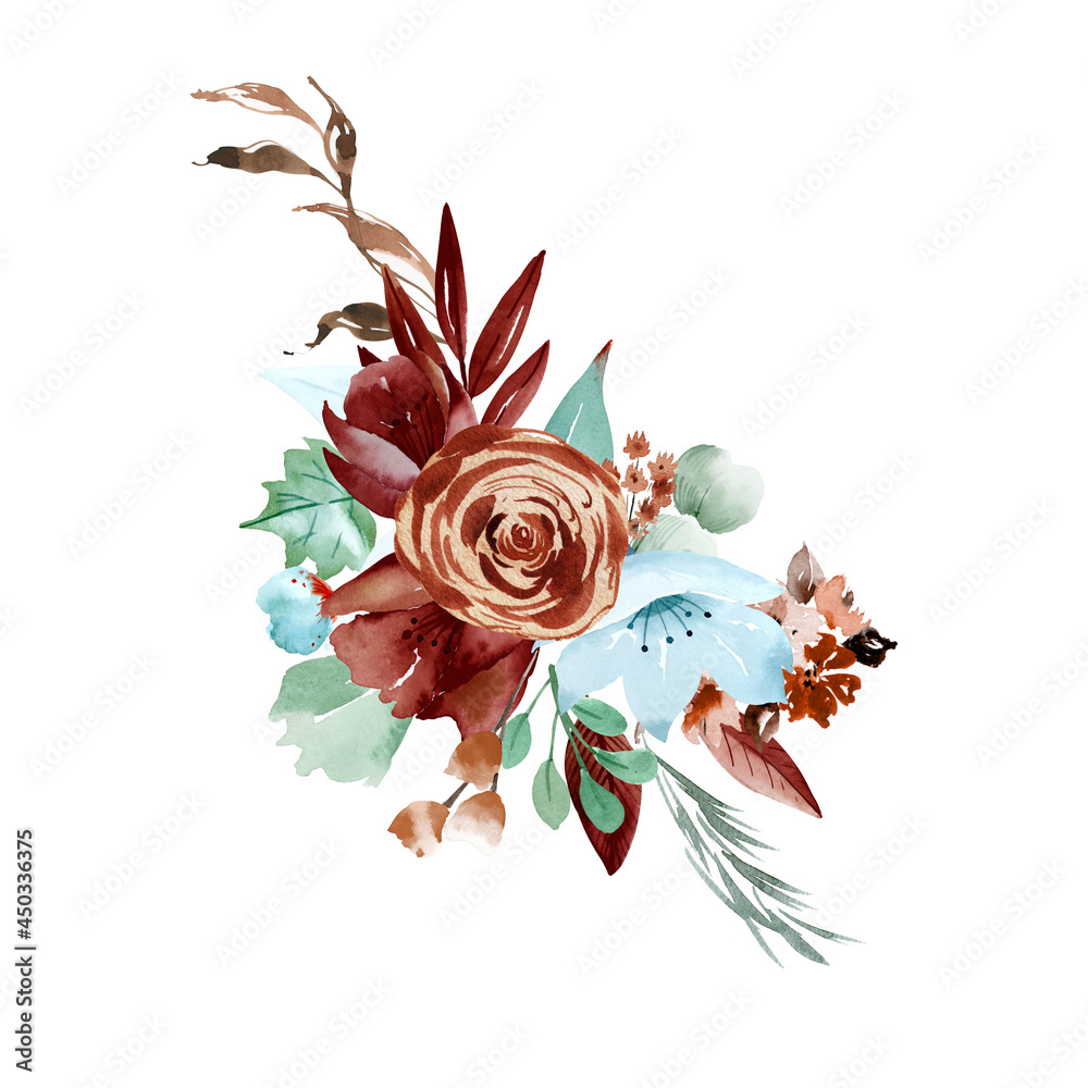Watercolor teal and burgundy floral bouquets mint green and brown