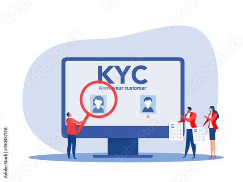 KYC or know your customer with business verifying the identity of its clients concept at the partners-to-be through a magnifying glass vector illustrator
