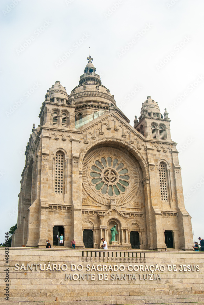 Viana do Castelo, Portugal - July 30, 2021: Vertical shot of Santa Luzia Church with a sign with a name of the place at the foot of the Church