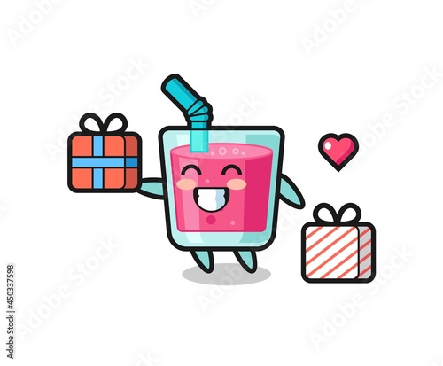 strawberry juice mascot cartoon giving the gift