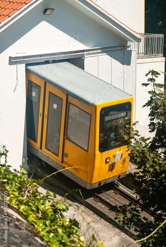 Viana do Castelo, Portugal - July 30, 2021: Yellow funicular of Santa Luzia - Vertical