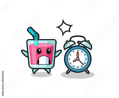 Cartoon Illustration of strawberry juice is surprised with a giant alarm clock