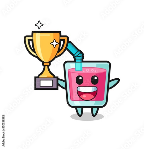 Cartoon Illustration of strawberry juice is happy holding up the golden trophy