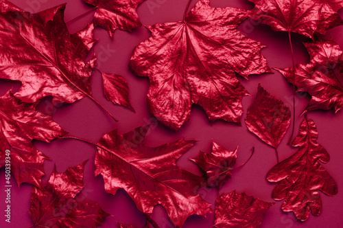 Set of dry red metallic leaves on burgundy background