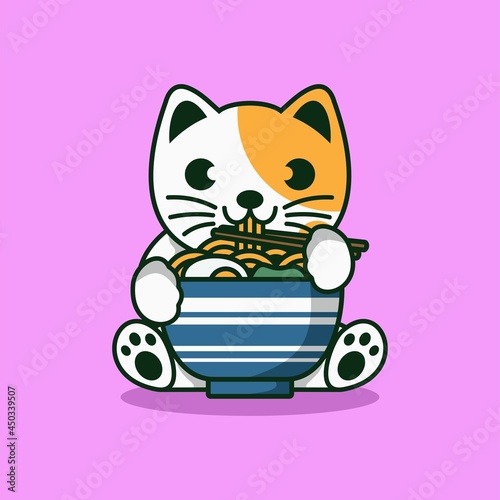 Cute cat eating ramen noodle cartoon vector illustration