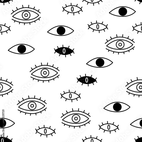 Seamless magic pattern black eyes, vector repeat mystical illustration on white background
