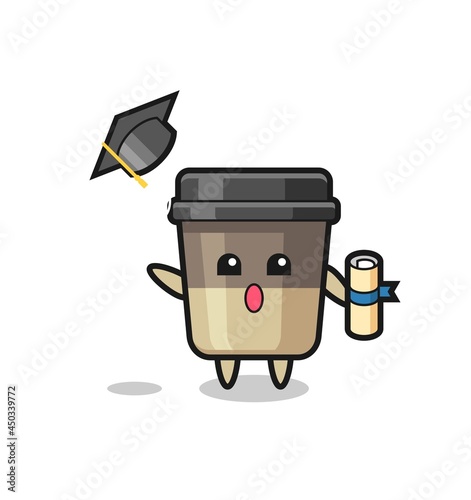 Illustration of coffee cup cartoon throwing the hat at graduation