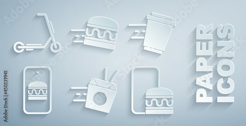 Set Online ordering noodles delivery, Coffee cup to go, and, burger and Scooter icon. Vector