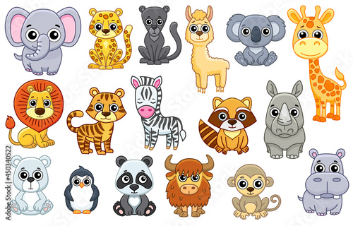 Set of cute Zoo animals in a cartoon style isolated on white background