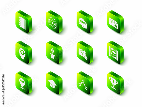 Set Solar system, Alphabet, Certificate template, Abacus, Award cup, Calendar first september date, Molecule and Graduation cap icon. Vector