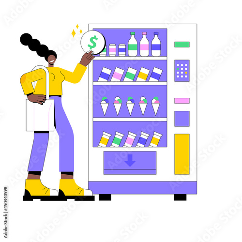 Vending machine abstract concept vector illustration. Vending business, self-service machine, snacks and beverages, small business, takeaway coffee, public space, commerce abstract metaphor.