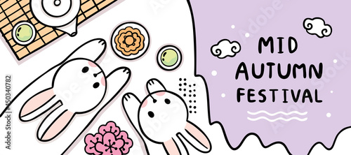 Hand draw cartoon cute Mid Autumn festival white rabbit and tea vector.