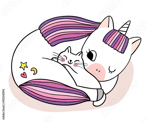 Hand draw cartoon cute unicorn hugging cat vector.
