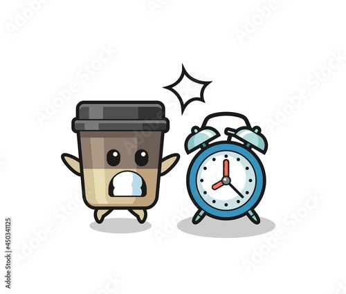 Cartoon Illustration of coffee cup is surprised with a giant alarm clock