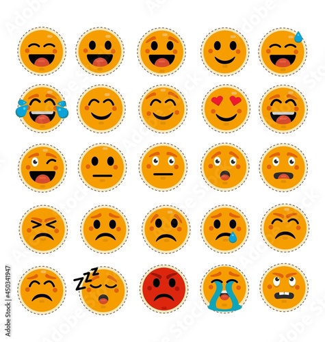 Emoji Faces Stickers Flat Illustration. 25 Emojis In Flat Illustration