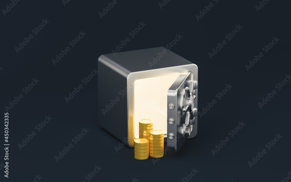 Gold coins and safe box with dark background, 3d rendering. Gold coins and safe box with dark background, 3d rendering.