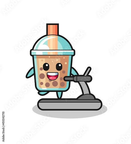 bubble tea cartoon character walking on the treadmill