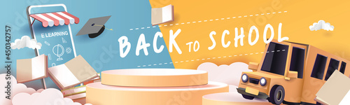 back to school colorful podium with school bus yellow and book elearning vector illustation 