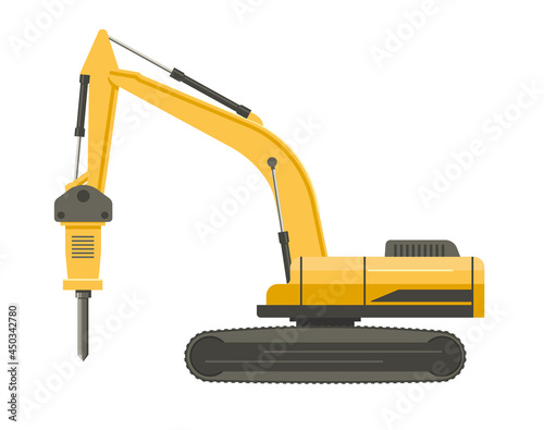 Yellow hydraulic hammer isolated on transparent white background. Vector flat design illustration. Side view.