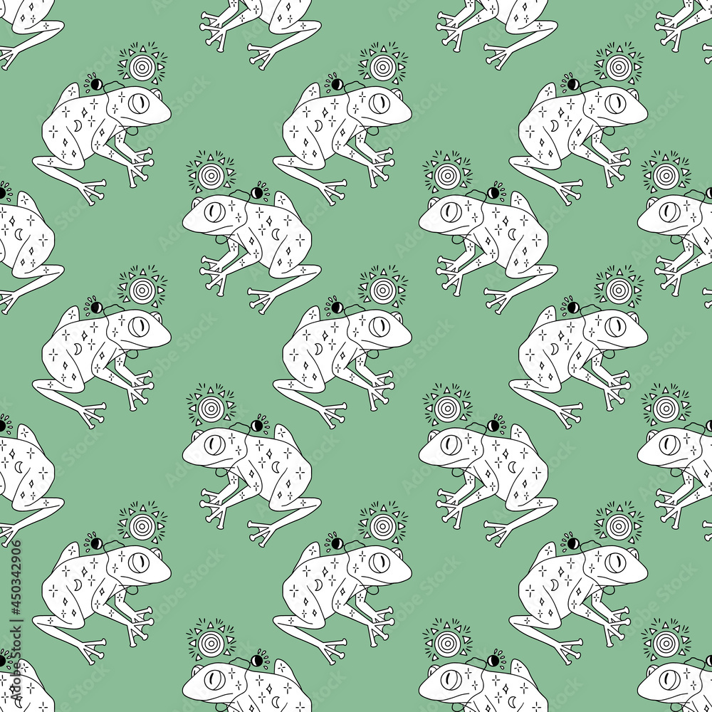 Vector seamless pattern magic witch frog for halloween on green ...