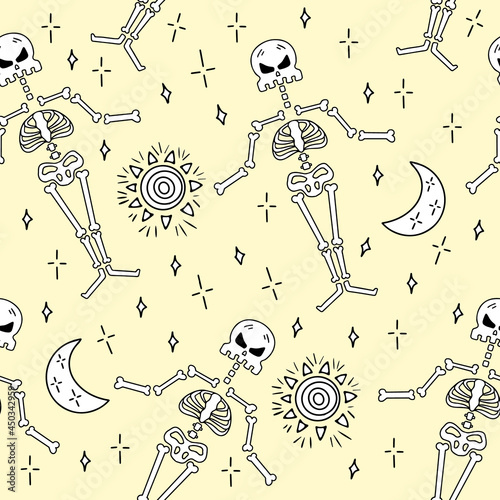 Vector seamless pattern skeleton for halloween on yellow background. Hand drawn black and white outline bone design for wallpaper, wrapper, backdrop, banner decoration.