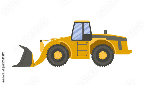 Yellow bulldozer isolated on transparent white background. Vector flat design illustration. Side view. photo