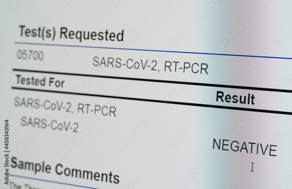 Computer screen showing a negative result for PCR test on nasal swab for SARS-CoV-2 or Covid-19 Computer screen showing a negative result for PCR test on nasal swab for SARS-CoV-2 or Covid-19