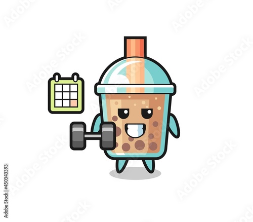 bubble tea mascot cartoon doing fitness with dumbbell