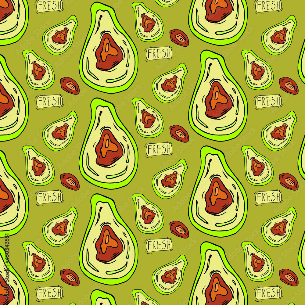 Seamless pattern with avocado. Fresh and healthy green fruit. Vector illustration. 