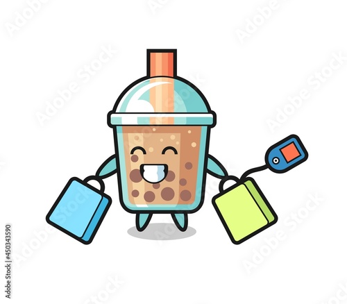 bubble tea mascot cartoon holding a shopping bag