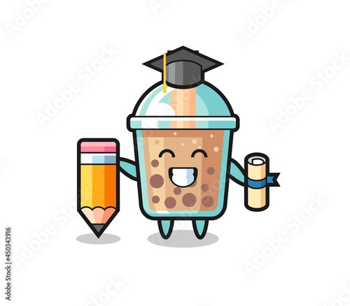 bubble tea illustration cartoon is graduation with a giant pencil