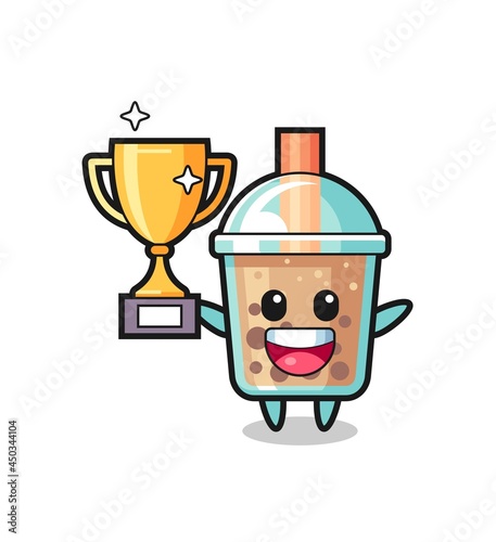 Cartoon Illustration of bubble tea is happy holding up the golden trophy